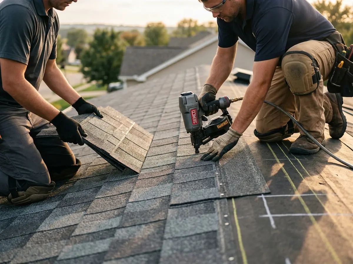 Professional roofer working on a residential roof in Palm River-Clair Mel